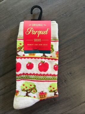 NWT | Parquet Women's Cream Crew Socks with Red Apple Pattern